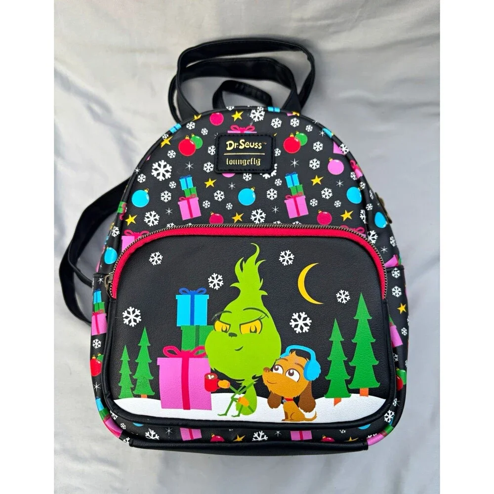 Loungefly Dr. Seuss Grinch Mini Backpack Holiday Christmas Zip Black/Multicolor